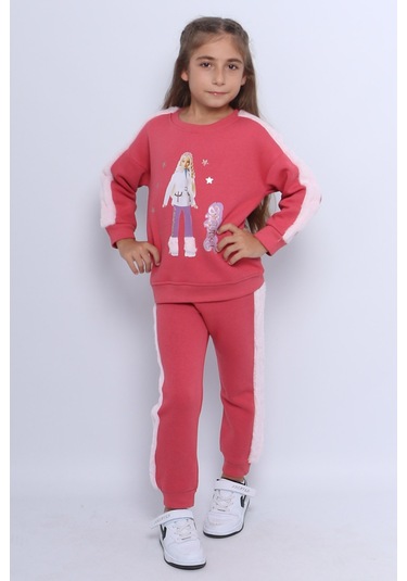 Kız Çocuk 3 İplik Eşofman Takımı Barbie Baskılı C22 Pembe