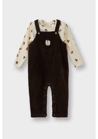 Defacto Erkek Bebek 2li Takım Ayı Baskılı Uzun Kollu Tişört Kadife Salopet Tulum F5727a525wnbn287 Kahve