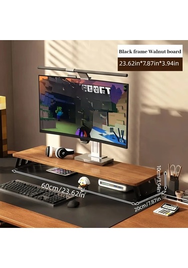 Motion003 Ergonomik Ahşap Monitör Standı Siyah Çerçeve Ceviz Tahtası 60 Cm Büyük Çift Ekran Masa Rafı L Şeklinde Bacaklı Laptop Yükseltici