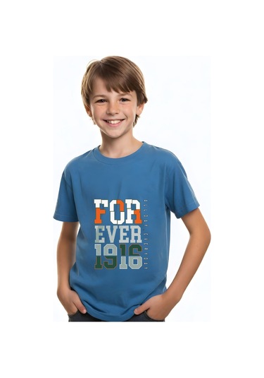 Panios Kids Unisexs Çocuk Baskılı Kısa Kollu T-shirt Mavi
