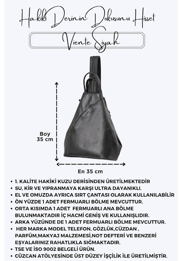 Viente Siyah Hakiki Deri Kadın El Omuz Ve Sırt Çantası Siyah