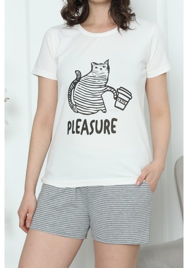 Kadın Şortlu Pijama Takımı Kısa Kollu Pamuklu Cepli Likralı Ekru Nıc1050 R08 Ekru
