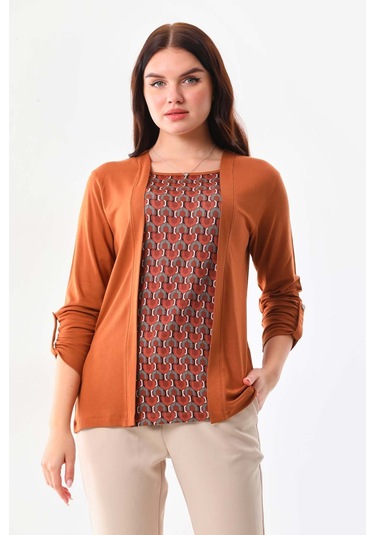 Sistas Kadın Desenli Uzun Kol Bluz 23525 Camel