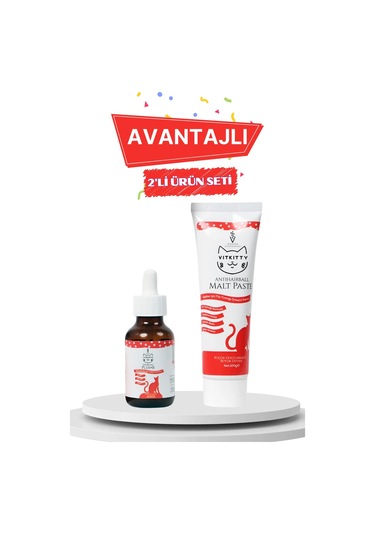 Vitkitty Kediler İçin Tüy Yumağı Önleyici Cilt Ve Tüy Sağılığını Destekleyici Damla Ve Malt Macun 2'li Set