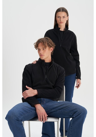 Erkek Sıyah Anti-pilling Tüylenme Yapmayan Standart Fit Dik Yaka Polar Sweatshirt Siyah