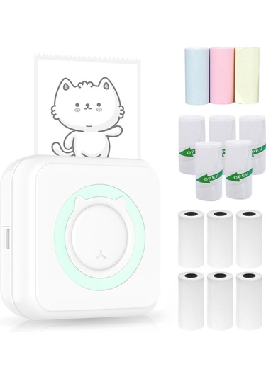 Yunboo Yeşil Mini Isı Yazıcı, 57mm 203dpi, Bluetooth/usb, 1000mah Pil, 6 Isı Kağıdı +5 Yapışkan +3 Renkli Kağıt, Not/resim/yazı Yazdırma