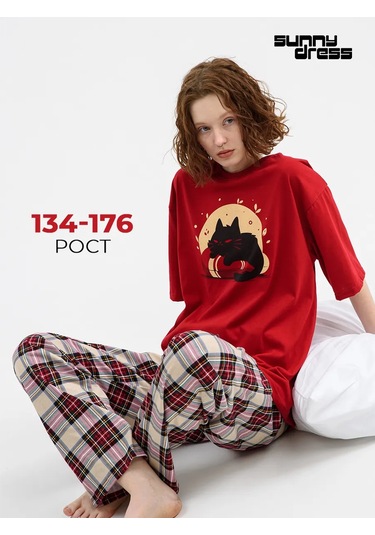 Sunnydress Official Oversize Pamuklu Pijama Pantolonlu Kedi Desenli 279638356 Bordo
