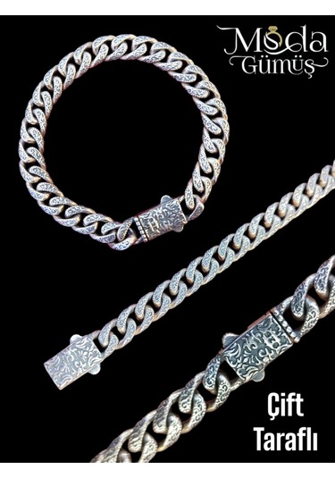 Modagümüşevi Gümüş Çift Taraflı El İşçiliği Gurmet Erkek Bileklik