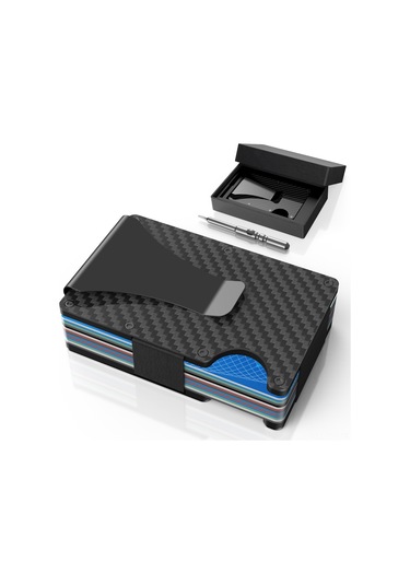 Hangfox Kara Karbon Fiber Rfıd Engelleyici Kart Çantası - Metal Pop-up Kart Tutucu Cüzdan Siyah