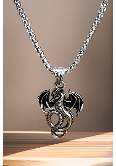 Gümüş Kaplama Krom-çelik Erkek Kolye Madalyon Uçan Ejderha Dragon Gümüş