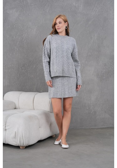 Kadın Bisiklet Yaka Saç Örgü Kazak Etek İkili Triko Takım Gri