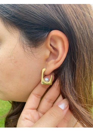 Çelik Gold Inci Detaylı Dikdörtgen Kadın Küpe Sevgiliye Hediye Gold