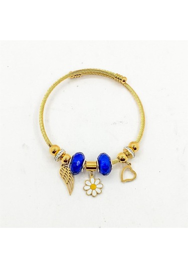 Çelik Gold Renk Mavi Kristal Taşlı Papatya Figür Zirkon Taş Detay Charm Model Kadın Bileklik 2793-2 Gold