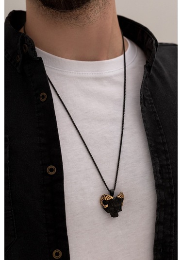 Gotik Boynuzlu Kurukafa Model Çelik Erkek Kolye Paslanmaz Sevgiliye - Eşe - Babaya Hediye Kolye Siyah