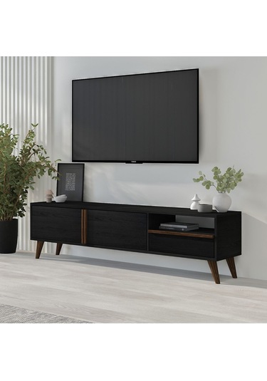 T0018 Çekmeceli, 2 Kapaklı Tv Sehpası Ahşap Siyah Ahşap Siyah