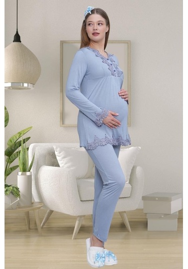 Mecit Pijama Mecit 1519 Bayan Hamile Lohusa Mavi Sabahlık Gecelik Pijama Seti
