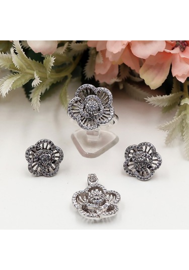 Zirkon Taşlı Beyaz Modern Çiçek Model Set Rose Gold - Gümüş
