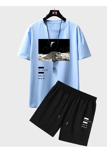 Moon T-shirt Şort - Bebe Mavi Siyah Alt Üst Kombin Şort Tişört Takım Baskılı Oversize Bisiklet Yaka Bebe Mavi