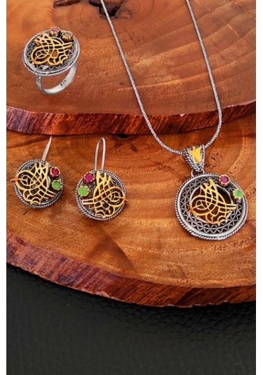 Kök Yakut Ve Zümrüt Taşlı Tuğralı Otantik Telkari Gümüş Kadın Set