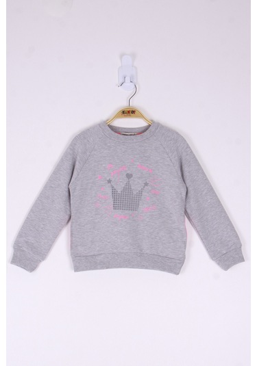 Toontoy Kız Çocuk Taç Baskılı Sweatshirt Gri Melanj