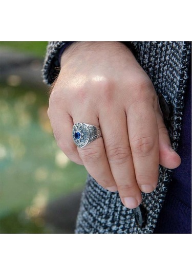 Çift Başlı Kartal Motifli Ay Yıldız Detaylı Mavi Taşlı 925 Ayar Gümüş Polis Yüzüğü