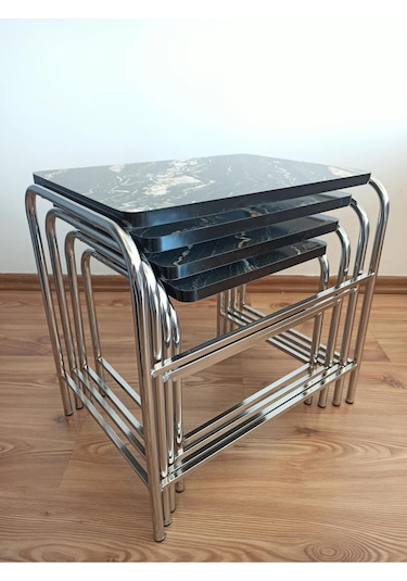 Angelo Black Marble Design 4'lü Zigon Sehpa Metal Krom Nikel Ayaklı E1 Guaranteed Mermer