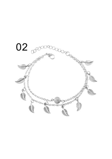 Gümüş Çift Katmanlı Yapraklar Charm Halhal Ayak Zinciri Yaz Kadın Sandal Ayak Bileği Bilezik Gümüş