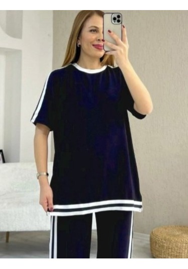 Kadın Kısa Kollu Bisiklet Yaka Çift Renk Şerit Detaylı Viskon Iki Iplik Bluz Ve Pantolon Ikili Takım Lacivert