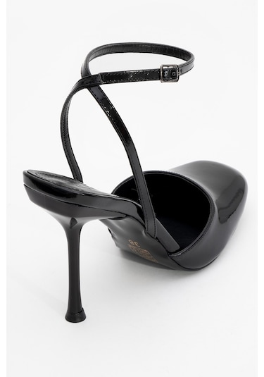 Blues Siyah Rugan Yuvarlak Burun Bilekten Bağlamalı Kadın Yüksek Topuklu Ayakkabı Siyah Rgn Siyah