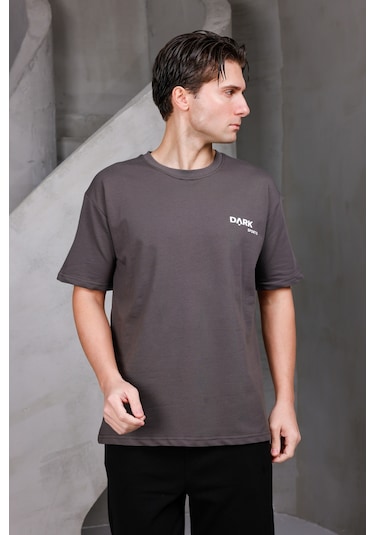 Erkek Baskılı Oversize Bisiklet Yaka 2 İki İplik Kompakt T-shirt Kahverengi