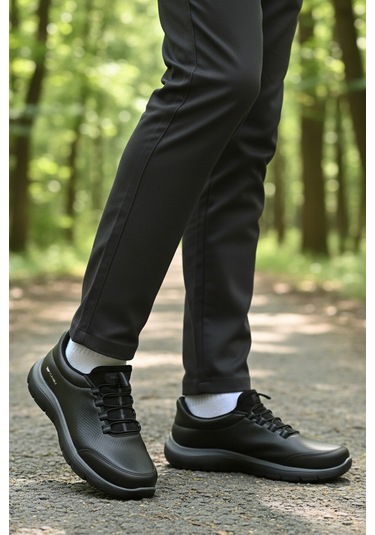 Siyah Bilekten Lastikli Erkek Spor Ayakkabı Flexible Pu M Siyah-siyah