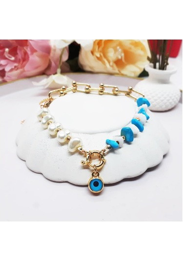 Altın Kaplama Nazar Boncuğu KadınTurkuaz & Sedef Doğal Taş Halhal Çok Renkli