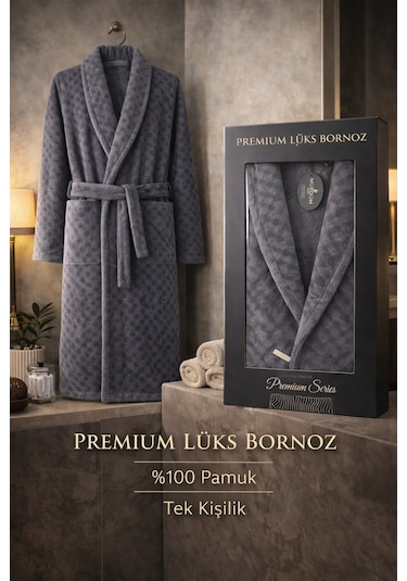 %100 Pamuktan Üretim Premium Lüks Bornoz Özel Çantalı Kül Rengi