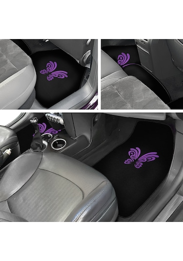 Kelebek Desenli Mor Nakışlı 5 Parça Siyah Oto Halı Paspas Seti Kadın Sürücülere Özel Şık Tasarım
