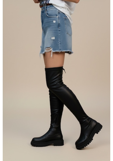 Fox Shoes V7263253 Siyah Deri Streç Kadın Çizme Siyah