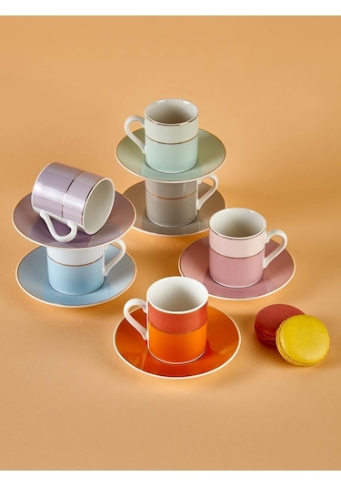 Neva N3505 Monet 6 Kişilik Kahve Fincan Takımı 90 Ml 6 Farklı Renkli Ve Gold Kulplu