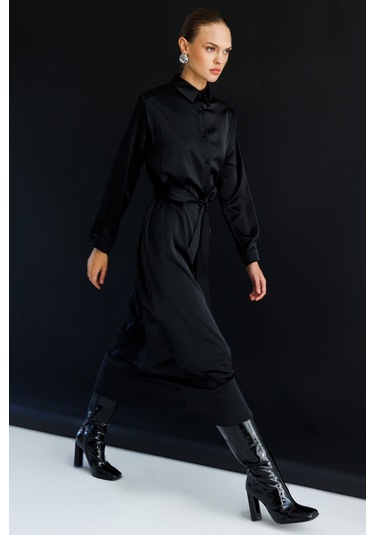 Mizalle Siyah Saten Maksi Gömlek Elbise Siyah