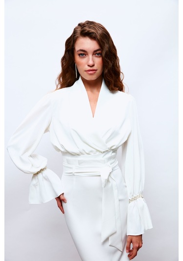 Sateen Kol Aksesuar Detaylı Bluz - Ekru-133704 Ekru