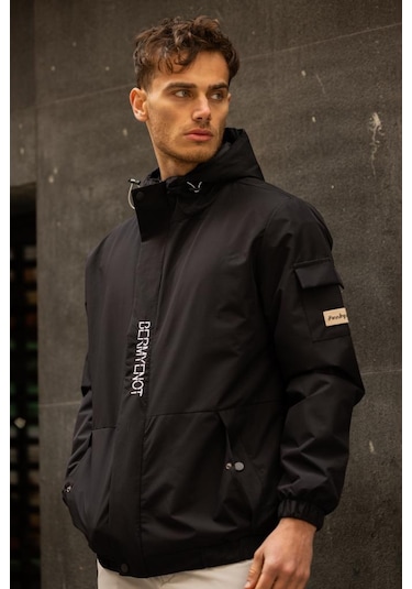 Yarn İçi Astarlı Suya Dayanıklı Kapşonlu Fermuarlı Yağmurluk - Siyah Siyah