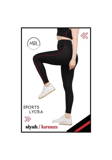 Kadın Yüksek Bel Toparlayıcı Spor Tayt Siyah / Kırmızı Şerit Detaylı Lycralı Dalgıç 1041 Siyah Kırmızı