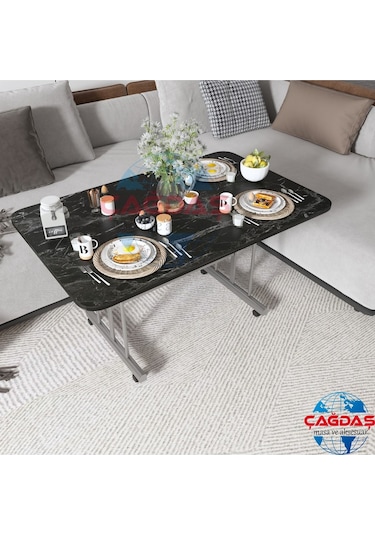 Tekerlekli Masa Orta Sehpa 70x110 Cm Metal Ayak Siyah