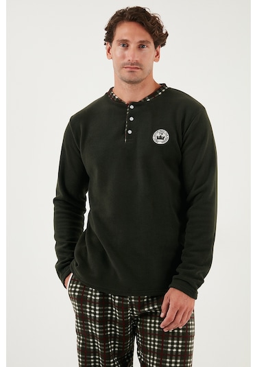 Buratti Regular Fit Bisiklet Yaka Kışlık Yumuşak Dokulu Polar Erkek Pijama Takımı 6096100 Haki