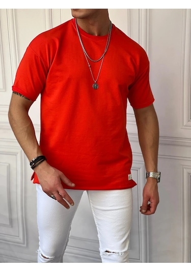 Modefendi Pamuk Likra Yırtmaç Detaylı 2 İplik Oversize Tshirt Kırmızı