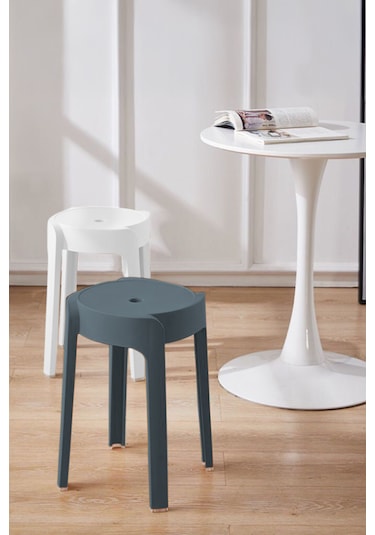 Kaymaz Ayaklı İçiçe Geçebilen Plastik Tabure 4adet Antrasit-beyaz