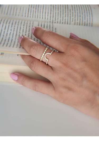 Oval İki Sıralı Taşlı Model Ayarlanabilir Gold Altın Renkli Yüzük Gold