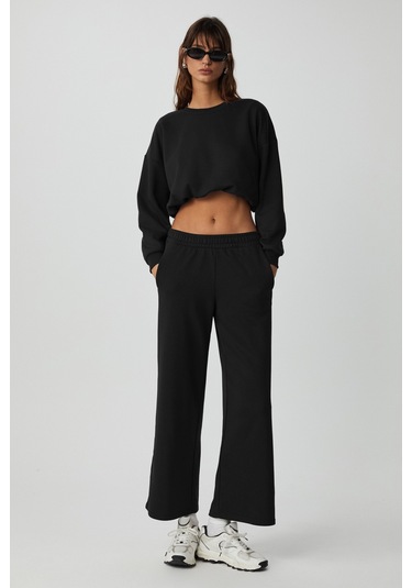 DEWANNA Kadın Uzun Kollu Crop Siyah Eşofman Takımı
