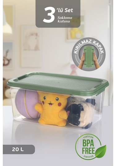 3'lü 20l Multibox Saklama Kabı Kilitli Kapaklı Çok Amaçlı Düzenleyici Kiler Depolama Saklama Kutusu Yeşil
