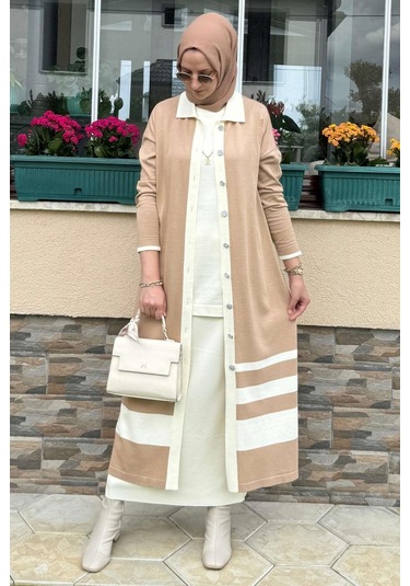 İmge Çizgili Triko Hırka Bej Çok Renkli