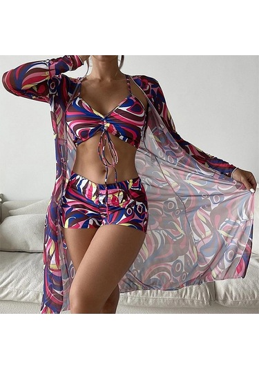 Kadın Mayo Yüksek Bel Bikini Seti Üç Adet Kadın Uzun Kollu Cover Up Mayo Plaj Mayo Siyah