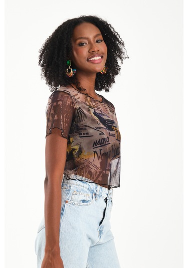 By Papi Baskılı Tül Crop Yeşil